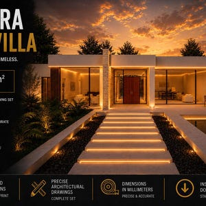 May include: A digital architectural plan set for the Velora One Villa, featuring a total area of 255.57 square meters. The image displays a modern villa at sunset with illuminated steps, floor plans, sections, elevations, and A3 paper size details.