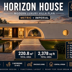 Può includere: Un piano architettonico digitale per una moderna villa di lusso chiamata Horizon House di Arkvelo. Il documento include planimetrie, piani del tetto, sezioni, prospetti e programmi delle stanze per un totale di 220,8 m².