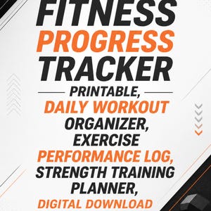 Op de afbeelding: Een fitness voortgangstracker document met een haltericoon bovenaan en de tekst: FITNESS PROGRESS TRACKER, PRINTABLE, DAILY WORKOUT ORGANIZER, EXERCISE PERFORMANCE LOG, STRENGTH TRAINING PLANNER, DIGITAL DOWNLOAD. Een halter is zichtbaar.