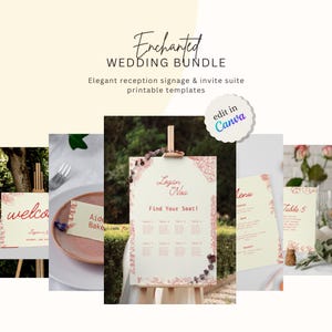 Puede incluir: Una colección de plantillas de papelería de boda imprimibles en papel color crema con ilustraciones florales y texto en rojo. El set incluye un cartel de bienvenida, tarjetas de sitio, un plano de mesas, un menú y números de mesa, editables en Canva.