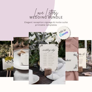 Puede incluir: Un paquete de boda con el texto "Love Letters WEDDING BUNDLE". La imagen muestra una elegante señalización de recepción y plantillas imprimibles de suite de invitación. Las plantillas incluyen un programa de boda, números de mesa y otros detalles del evento.