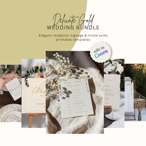 Delicate Gold Edition Wedding Signs Bundle – Editable Canva Reception Stationery Templates, Printable Digital Download. Elegant Reception