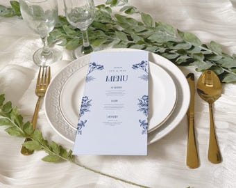 Hochzeitsmenü-Vorlage mit blauem Blumenmuster | In Canva bearbeitbar | Druckbares Hochzeitsmenü | Sofort-Download