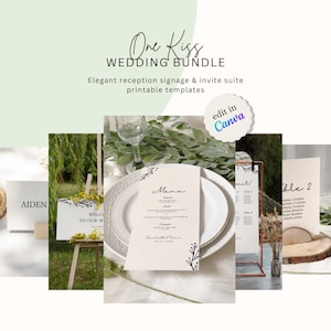 Puede incluir: Un conjunto de papelería de boda con plantillas imprimibles para señalización de recepción e invitaciones. La colección incluye menús, números de mesa y carteles de bienvenida con texto negro e ilustraciones botánicas en papel crema.