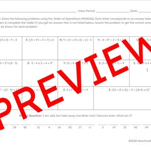 以下が含まれることがあります： 演算の順序 (PEMDAS) を使用した数学の問題を含むワークシート。ワークシートには、解くべき問題と謎が含まれています。「PREVIEW」という単語が赤色でページ全体にスタンプされています。