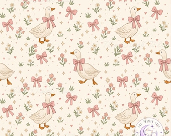 Goose Seamless Pattern, Cream Cottagecore with Bows, Floral Digital Paper, Neutral Pastel Fabric Design