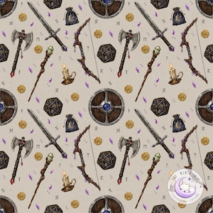 May include: A seamless pattern on a light beige background featuring fantasy adventure items including swords, wooden shields with blue gems, bows, battle axes with red gems, twenty-sided dice, gold coins, purple crystals, candles, and dark pouches.