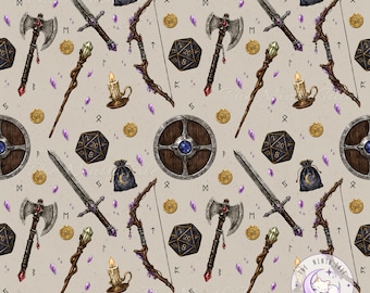 Fantasy Seamless Pattern PNG, RPG Weapons Dice Magic Design, Medieval Digital Paper