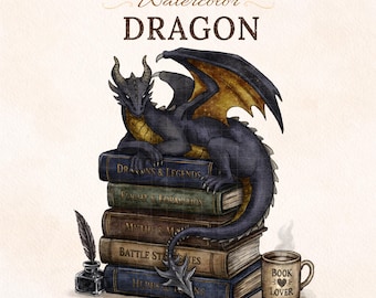 Dragon Clipart PNG, Bookish Fantasy Dragon Illustration, Dark Academia Watercolor Art