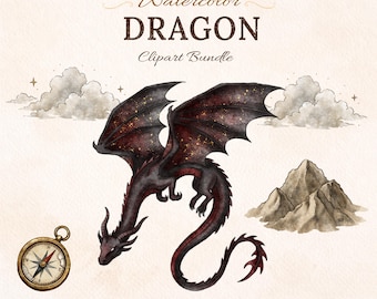 Watercolor Dragon Clipart Bundle PNG, Bookish Fantasy Decor, Dark Academia Art