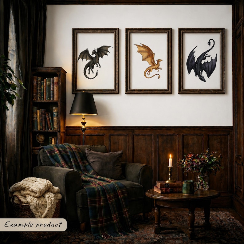 May include: Three framed wall art prints featuring illustrations of dragons. The left print shows a black dragon, the center print displays a gold dragon, and the right print depicts a black dragon in flight, all set against a white background.