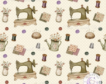Vintage Cottagecore Sewing Seamless Pattern PNG, Quilting Digital Paper, Floral Fabric Design
