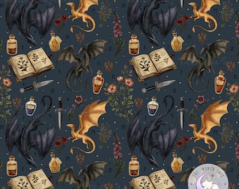 Bookish Dragon Seamless Pattern PNG, Dark Academia Digital Paper, Magical Creature Fabric Design
