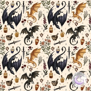 Könnte beinhalten: Ein sich wiederholendes Muster mit Drachen, Dolchen, Zaubertränken und floralen Elementen in Schwarz, Gold und Braun auf cremefarbenem Hintergrund. Das Design enthält stilisierte Runen und den Text "THE NINTH TALE ILLUSTRATIONS PATTERNS".