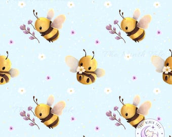 Bee Seamless Pattern, Honeybee Floral Daisy Spring Pattern, Cottagecore Garden Fabric, Blue Background