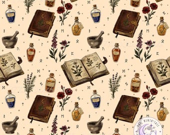 Botanical Print Seamless Pattern PNG, Witchy Floral Dark Academia Design, Cottagecore Herbal Digital Paper