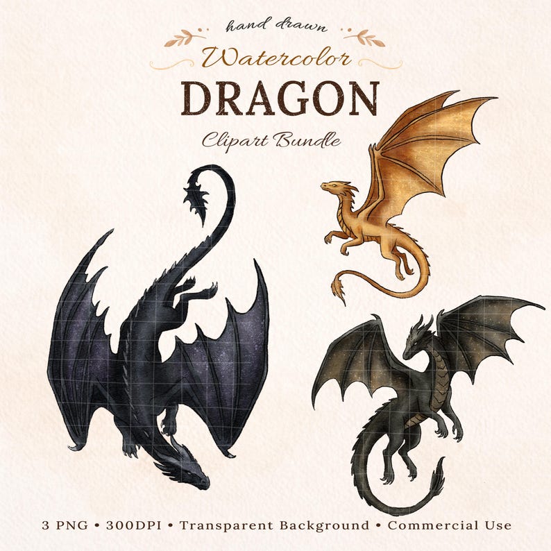 May include: A digital clipart bundle featuring three watercolor dragon illustrations. One large black dragon is shown in a downward flight pose, while a smaller golden dragon and a dark grey dragon are depicted with wings spread in flight.