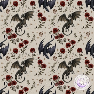 May include: A repeating pattern on a light beige background featuring dark gray dragons in flight, red poppy flowers with green stems, and small gold four-pointed stars. A circular logo in the bottom right corner reads The Ninth Tale.
