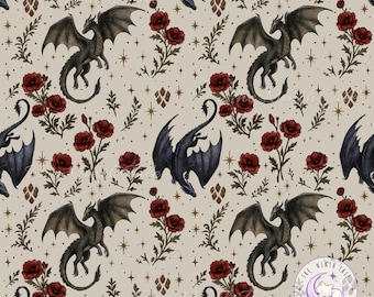 Dragon Seamless Pattern PNG, Gothic Roses and Fantasy Creatures, Dark Academia Digital Paper