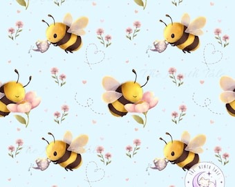 Bee Seamless Pattern, Cute Spring Honeybee Floral Pattern, Cottagecore Garden Bee Digital Paper, Fabric & Wallpaper Design, Commercial Use