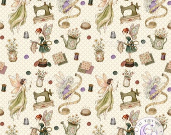 Fairy Seamless Pattern PNG, Sewing Fairies Digital Paper, Cottagecore Floral Fabric Design