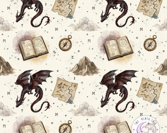 Dragon Bookish Seamless Pattern PNG, Dark Academia Fantasy Digital Paper, Magical Fabric Design