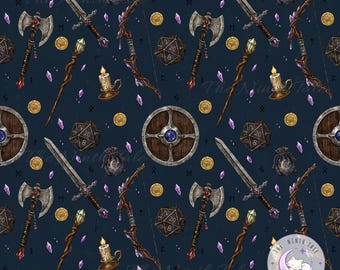 Fantasy RPG Seamless Pattern PNG, Dice Weapons Magic Design, Medieval Digital Paper