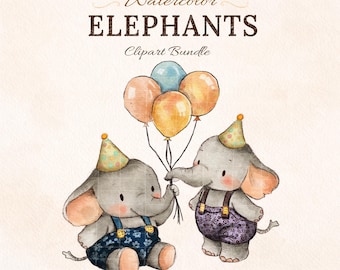 Watercolor Baby Elephant Clipart Set, Cute Safari Animals PNG, Birthday & Baby Shower Invitation, Nursery Decor, Commercial Use