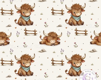 Highland Cow Seamless Pattern PNG, Watercolor Farm Animal Print, Rustic Farm Nursery Digital Paper
