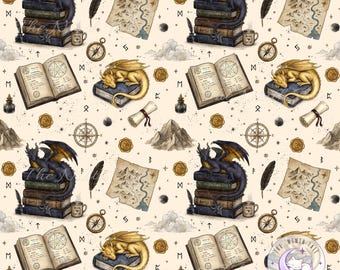 Dark Academia Dragon Seamless Pattern PNG, Bookish Fantasy Digital Paper, Book Lover Fabric Design