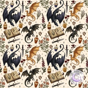 May include: A repeating pattern featuring black and gold dragons, open spell books, daggers, potion bottles, and floral elements on a cream background. The design includes runes and the text "The Ninth Tatt" in a circular logo.