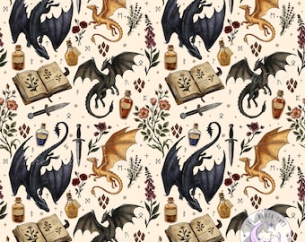 Dark Academia Dragon Seamless Pattern PNG, Bookish Fantasy Digital Paper, Magical creatures Fabric Design