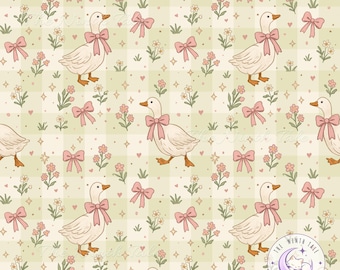 Goose Seamless Pattern, Cottagecore Goose with Bows, Floral Digital Paper, Vintage Pastel Fabric Design