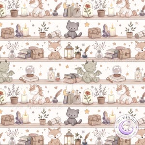 Peut inclure: Illustration répétée de motifs d'étagères fantaisistes. Chaque étagère présente des éléments sur le thème de la fantaisie, tels que des animaux en peluche, des livres, des bougies, des cristaux et des fioles de potion. La palette de couleurs est douce, avec des tons beiges, bruns et pastel.