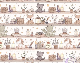 Bookshelf Seamless Pattern PNG, Fantasy Bookish girlie, Book Lover Digital Paper, Magical creatures Fabric