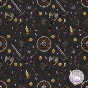 RPG Seamless Pattern PNG, Medieval Fantasy Weapons Dice Magic Design, Tabletop Gamer Digital Paper