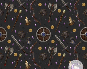 RPG Seamless Pattern PNG, Medieval Fantasy Weapons Dice Magic Design, Tabletop Gamer Digital Paper