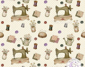 Vintage Sewing Seamless Pattern PNG, Floral Sewing Machine Digital Paper, Cottagecore Fabric Design