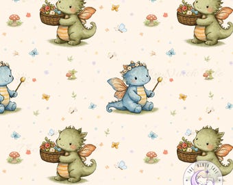 Dragon Seamless Pattern, Cute Fantasy Dragon Nursery Pattern, Woodland Nursery Decor, Commercial Use
