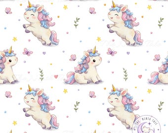 Unicorn Seamless Pattern, Watercolor Unicorn & Butterfly Print, Whimsical Nursery Digital Paper, Fantasy Fabric Design