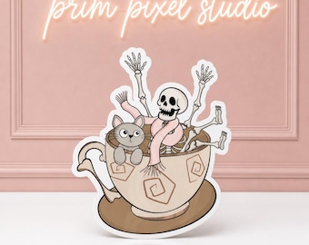 Dapper Skeleton Cat Teacup Ride Sticker, Spooky Halloween Vinyl, Cozy Fall Sticker, Theme Park Sticker, Cute Coffee Cup Decal