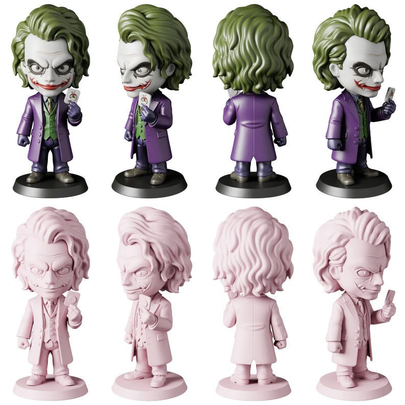 May include: A collection of eight stylized figurines of the Joker character. The top row features the Joker in a purple coat, green vest, and green hair, holding a playing card. The bottom row shows the same figure in a light pink color.