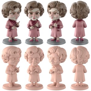 May include: A set of bobblehead figurines depicting a character in a pink coat and shoes, holding a wand. The figurines have a stern expression and are set on a grey base. The hair is styled in a classic updo.