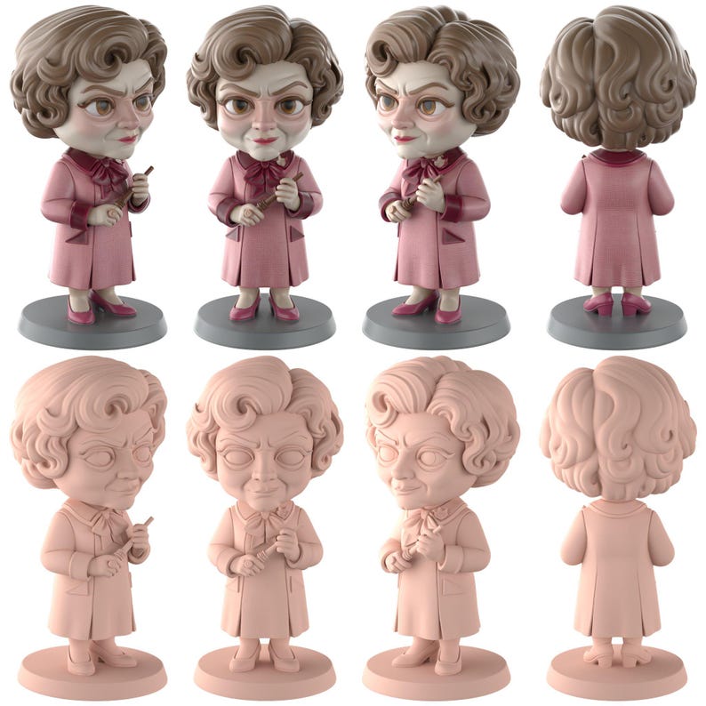 May include: A set of bobblehead figurines depicting a character in a pink coat and shoes, holding a wand. The figurines have a stern expression and are set on a grey base. The hair is styled in a classic updo.