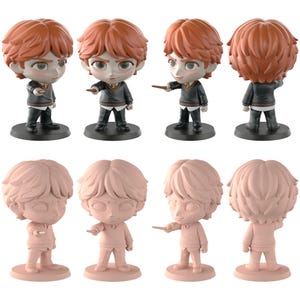 May include: Eight figurines of a character with ginger hair, wearing a black and grey uniform, and holding a wand. The top row shows the finished product, the bottom row the unpainted version.