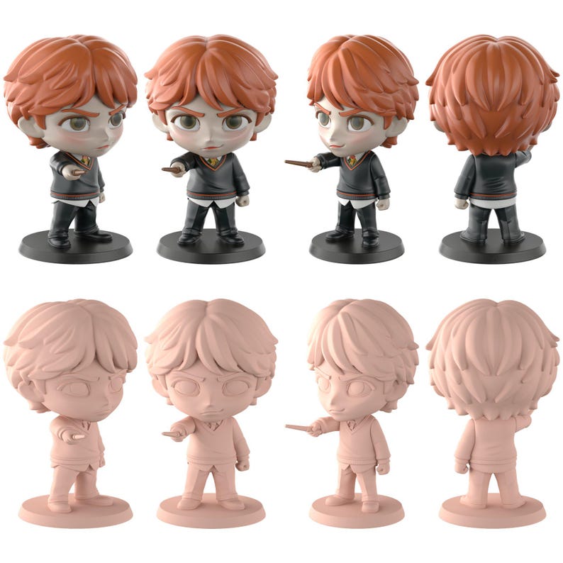 May include: Eight figurines of a character with ginger hair, wearing a black and grey uniform, and holding a wand. The top row shows the finished product, the bottom row the unpainted version.