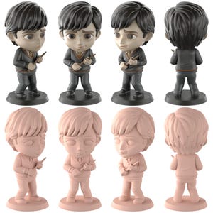 May include: A set of eight figurines. Four are painted in grey and tan tones, and four are in a light pink. Each figure is a stylized depiction of a person holding a wand. The figures are standing on a round base.