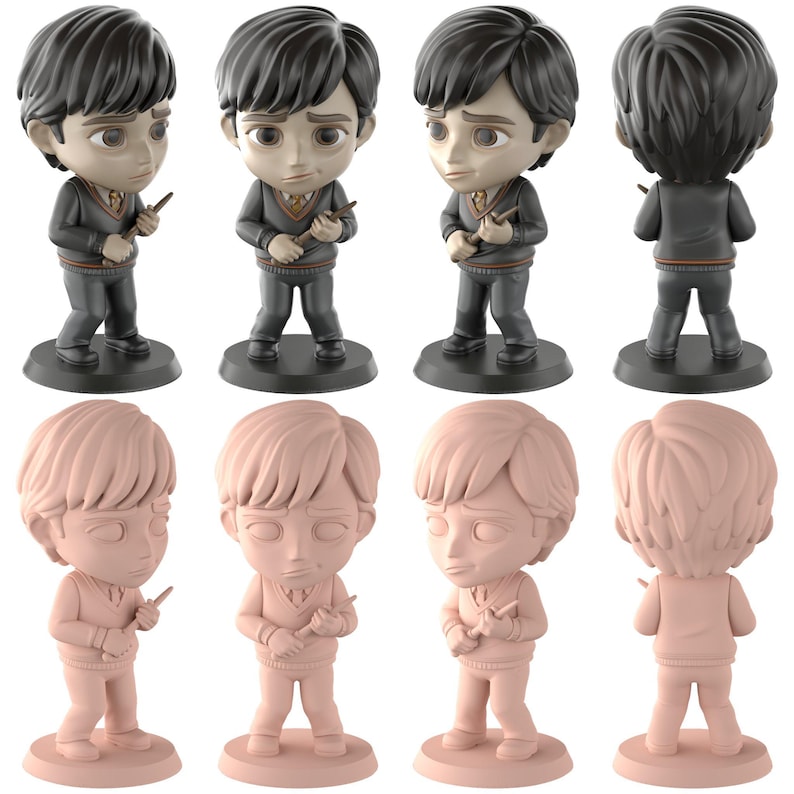 May include: A set of eight figurines. Four are painted in grey and tan tones, and four are in a light pink. Each figure is a stylized depiction of a person holding a wand. The figures are standing on a round base.