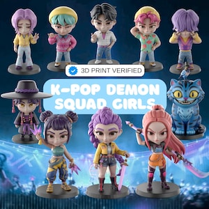 May include: A selection of 3D-printed figurines. The figures have colourful hair and outfits. The text "K-POP DEMON SQUAD GIRLS" and "3D PRINT VERIFIED" are visible. The figurines are on black bases.