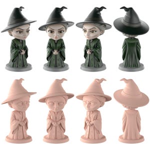 May include: Eight witch figurines are displayed. Four are in green with black hats and robes. The other four are in a light pink colour. All have a stern expression and wear witch hats.